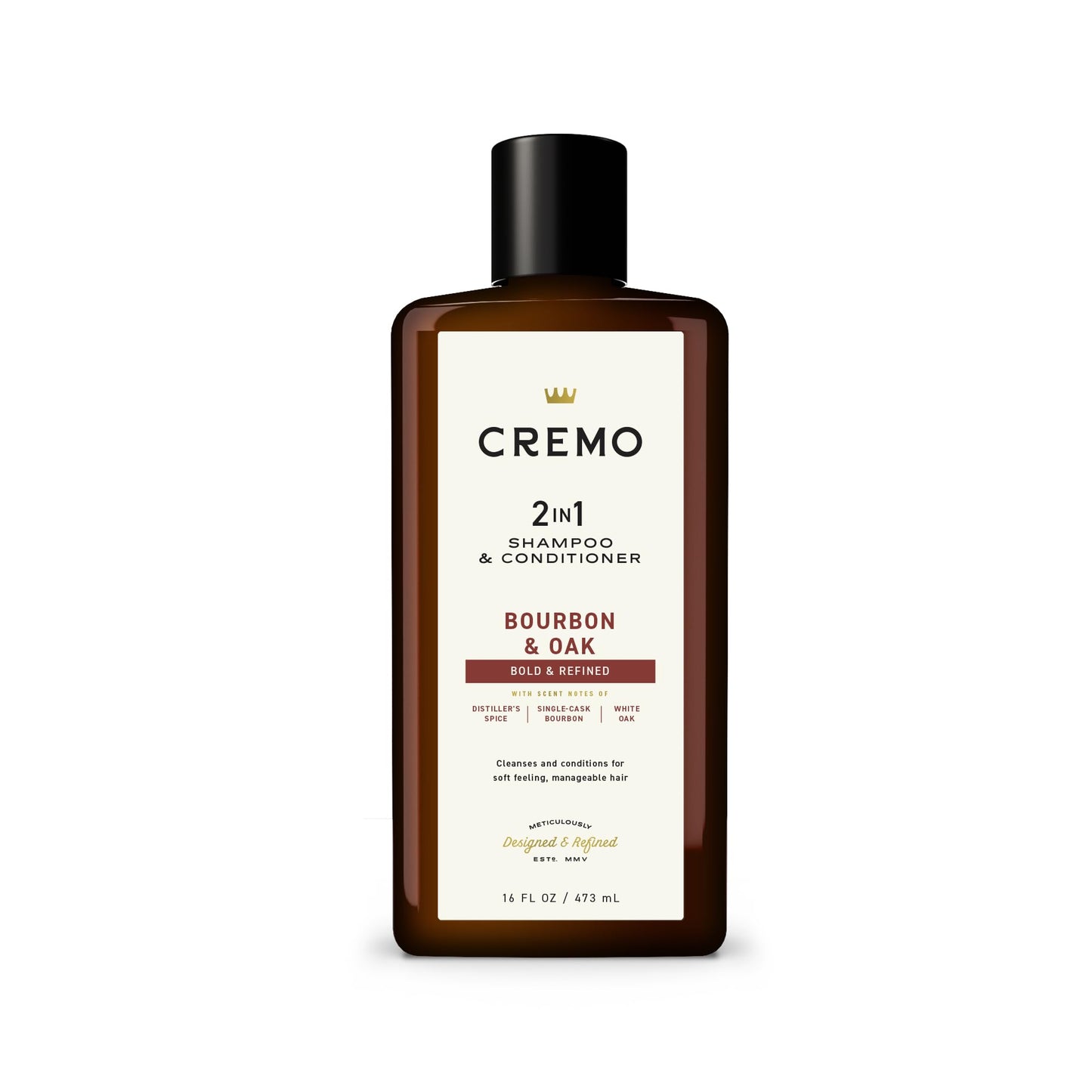 Cremo Bourbon & Oak 2 in 1 Shampoo & Conditioner for Men, A Sophisticated Blend of Distillers Spice, Fine Bourbon and White Oak, 16 Fl Oz