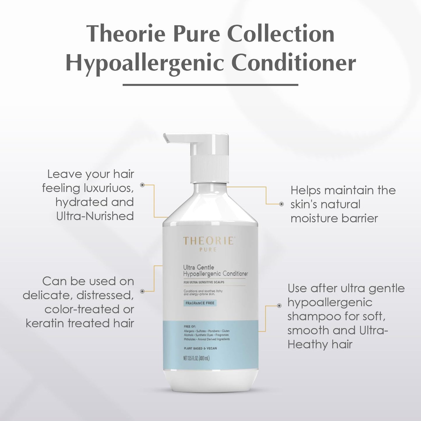 Ultra Gentle Hypoallergenic Conditioner - Vegan & Plant-Based, Fragrance-Free for Itchy Skin - 400mL Pump
