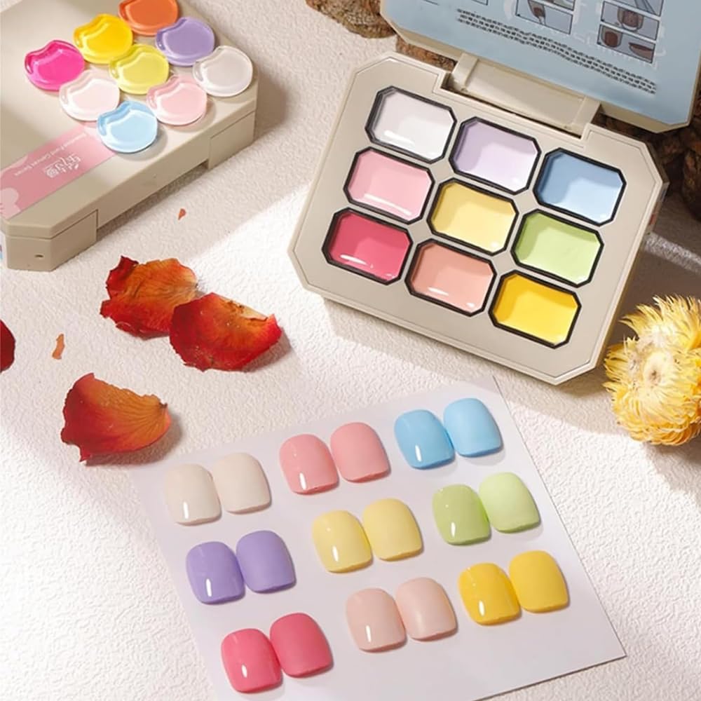 Gel Nails Paint,9 Colors Gel Nail Polish Painting Palette,Creamy Colorful Nail Polish Set,Portable Gift for Mom/Girls/Friend DIY Home (A1)