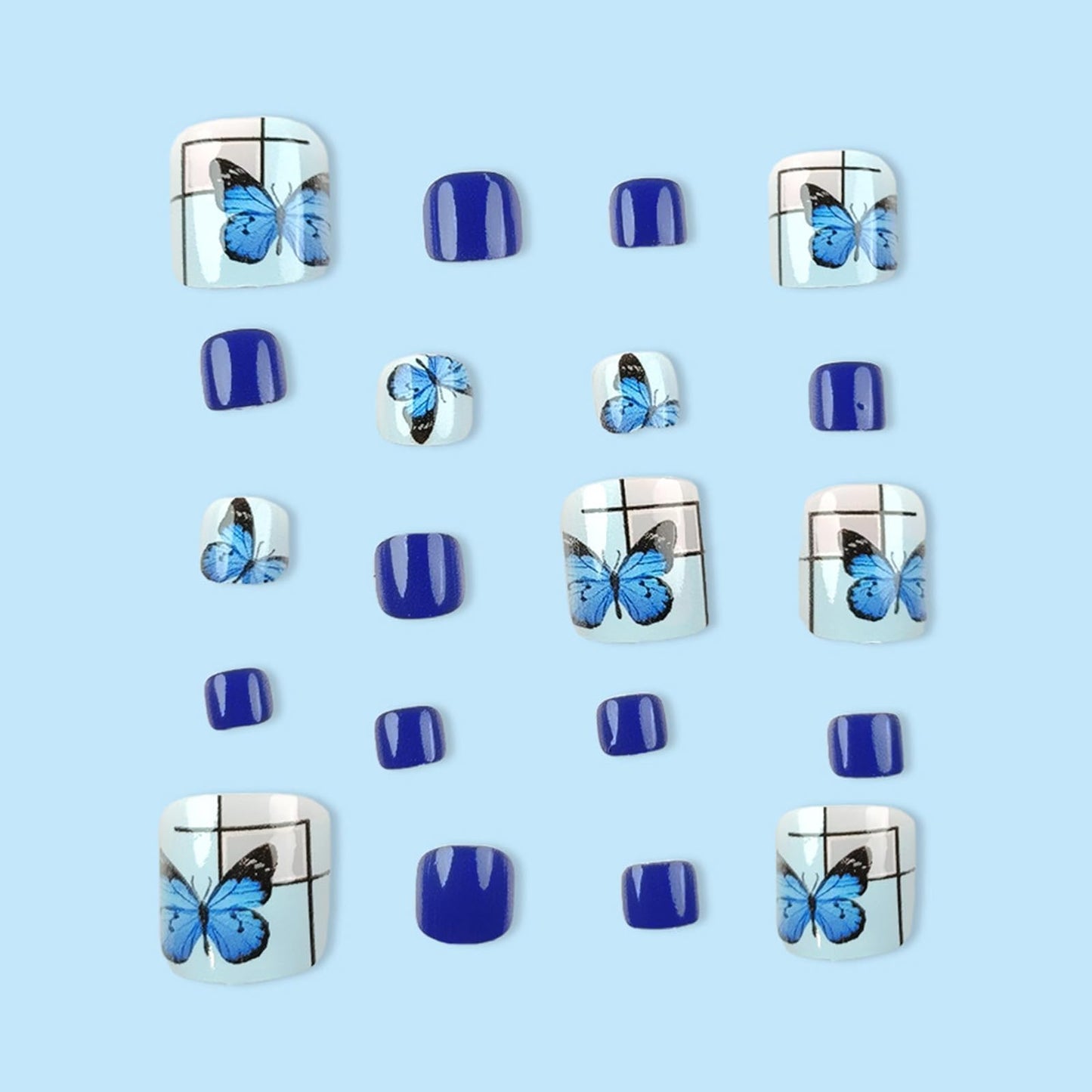 Dark Blue Press on Toenails Short Square Fake Toe Nails Blue Butterfly False Toenails Acrylic Toe Nail Press ons Gel Glue on Toe Nails Summer Toenail Press on Nails for Coquette Women 24Pcs