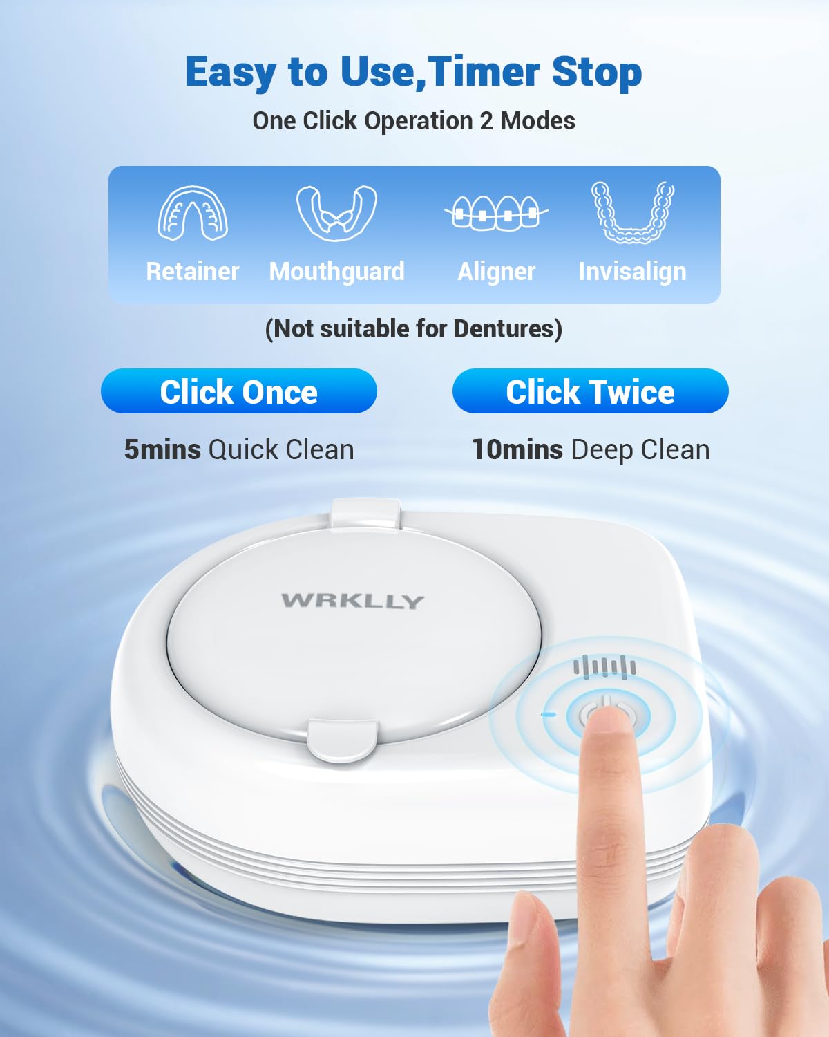 Wrklly Rechargeable Ultrasonic Retainer Cleaner Machine | 50kHz 1.9 inch Ultra-Thin Portable | Night Guard Aligners Jewelry |6pcs Cleaner Tablets Included | Quick & Deep Clean Modes | FSA HSA Approved