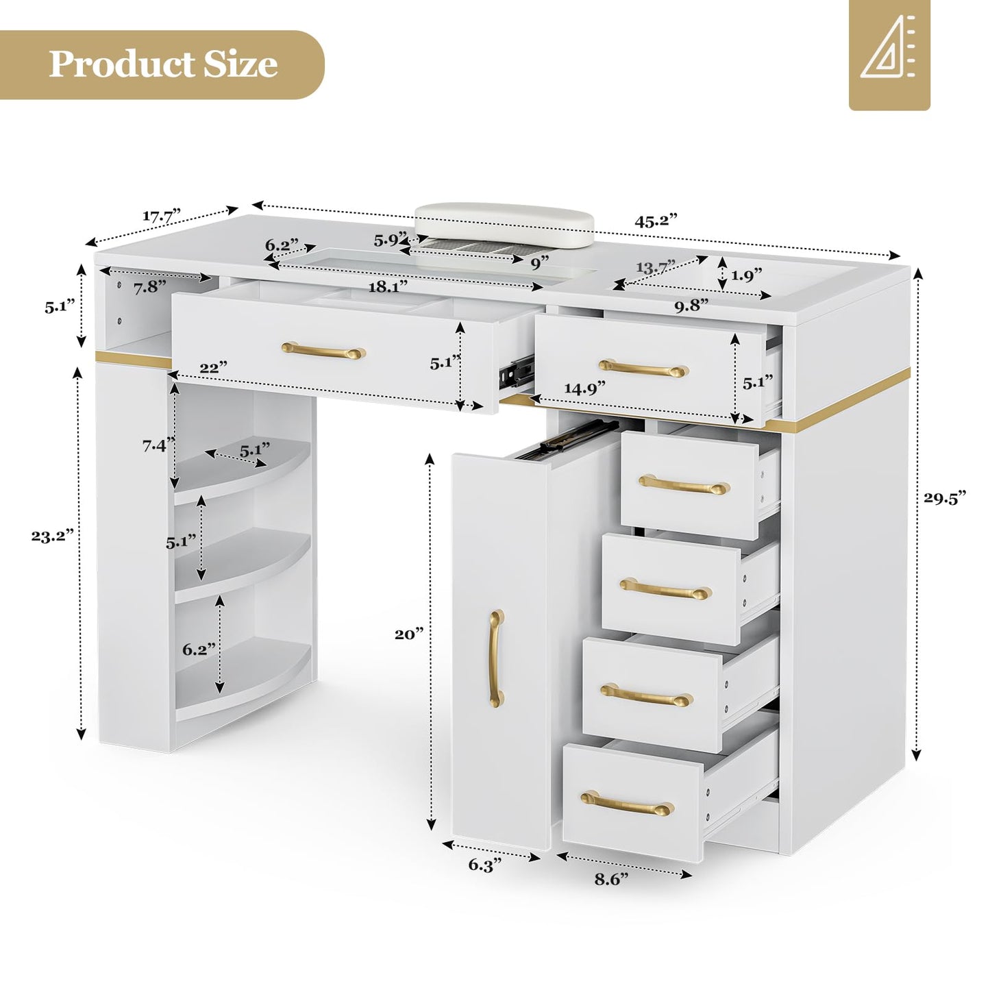 TTGIEET Nail Tech Table with Dust Collector, Glass Top Manicure Table Nail Desk Station w/7 Drawers & 3-Tiers Open Shelves, Nail Beauty Workstation w/Wrist Cushion & Golden Handles(White)