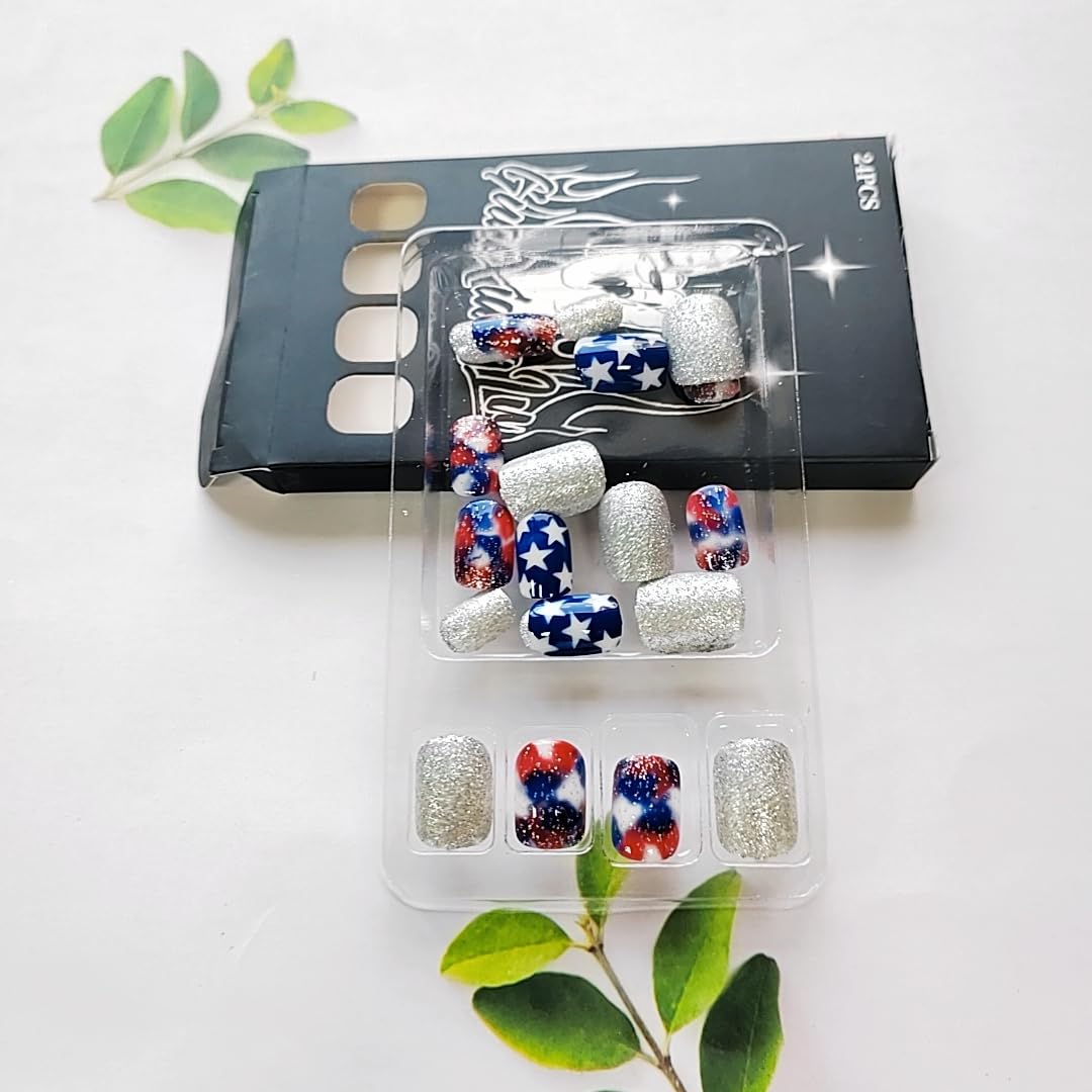 4th of July Press On Nails Extra Short Square,YEFIUO White Blue Smudge Fake Nails Press ons Nail Art Tip Acrylic Nail Kit Glue on Nails Full Cover False Nails with Silver Glitter Design for Ma'am