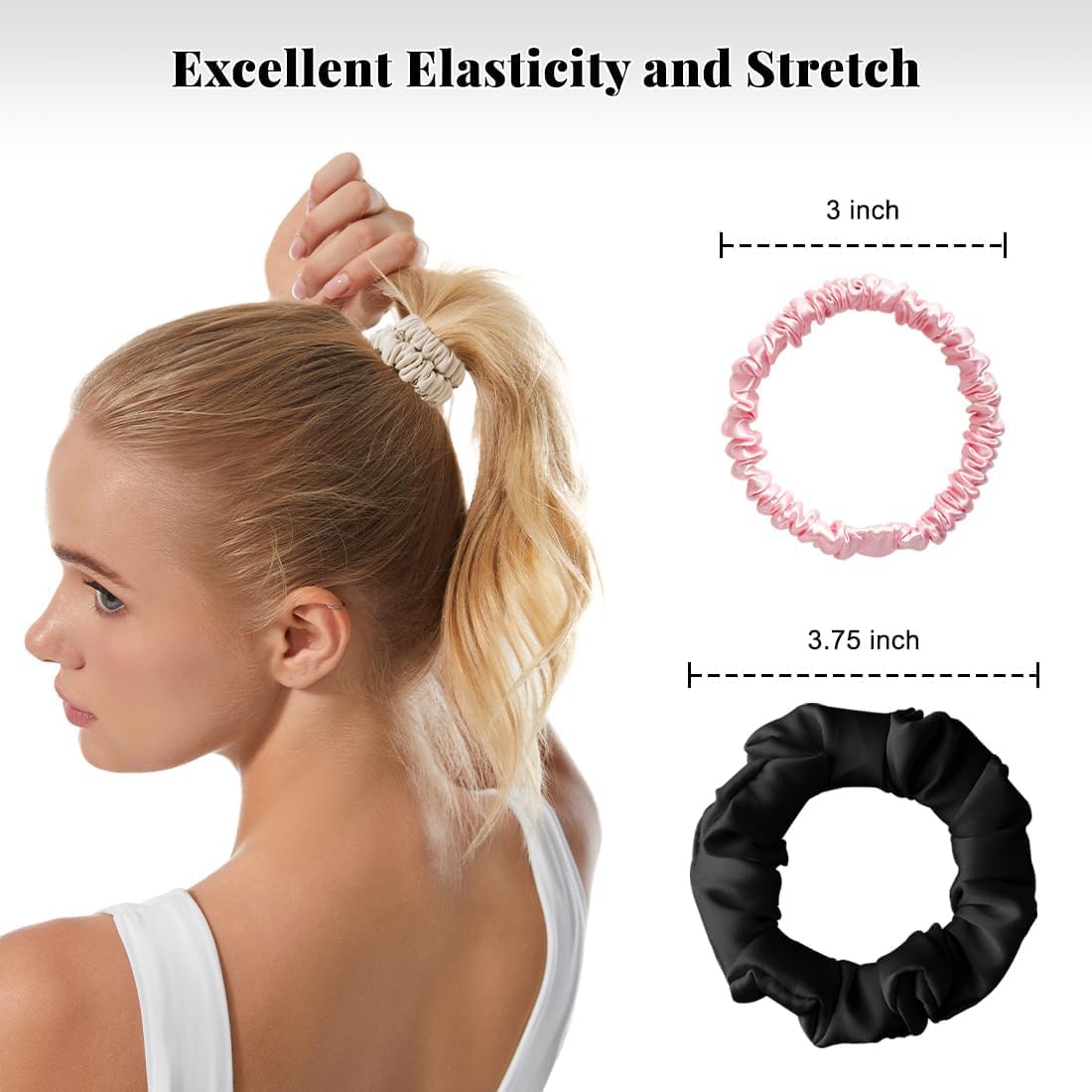 6Pcs Satin Silk Scrunchies for Women, Silk Hair Ties with Excellent Stretch, Large and Skinny Hair Ties No Damage, Satin Scrunchies for All Hairstyles (Champagne, Pink, Black)