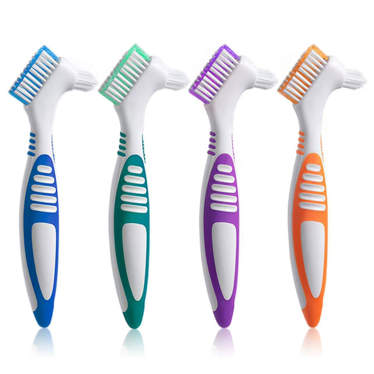 Octuitey Denture Brush 4Pcs Denture Toothbrushes,Denture Cleaning Care Cleaning Brush ,Double Sided Toothbrush,Multi-Layered Bristles and Rubber Anti-Slip Handle (Purple, Green, Blue, Orange)