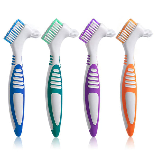 Octuitey Denture Brush 4Pcs Denture Toothbrushes,Denture Cleaning Care Cleaning Brush ,Double Sided Toothbrush,Multi-Layered Bristles and Rubber Anti-Slip Handle (Purple, Green, Blue, Orange)