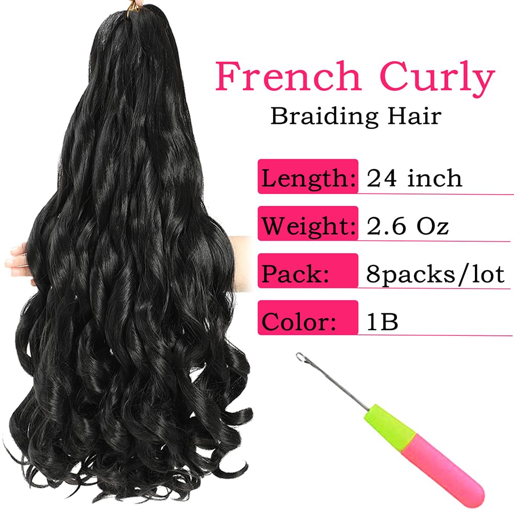 French Curly Braiding Hair 24 Inch 8 Packs - Pre Stretched Bouncy Braiding Hair- Loose Wavy Synthetic Hair Extensions for Black Women (24 inch 8 packs, 1B)