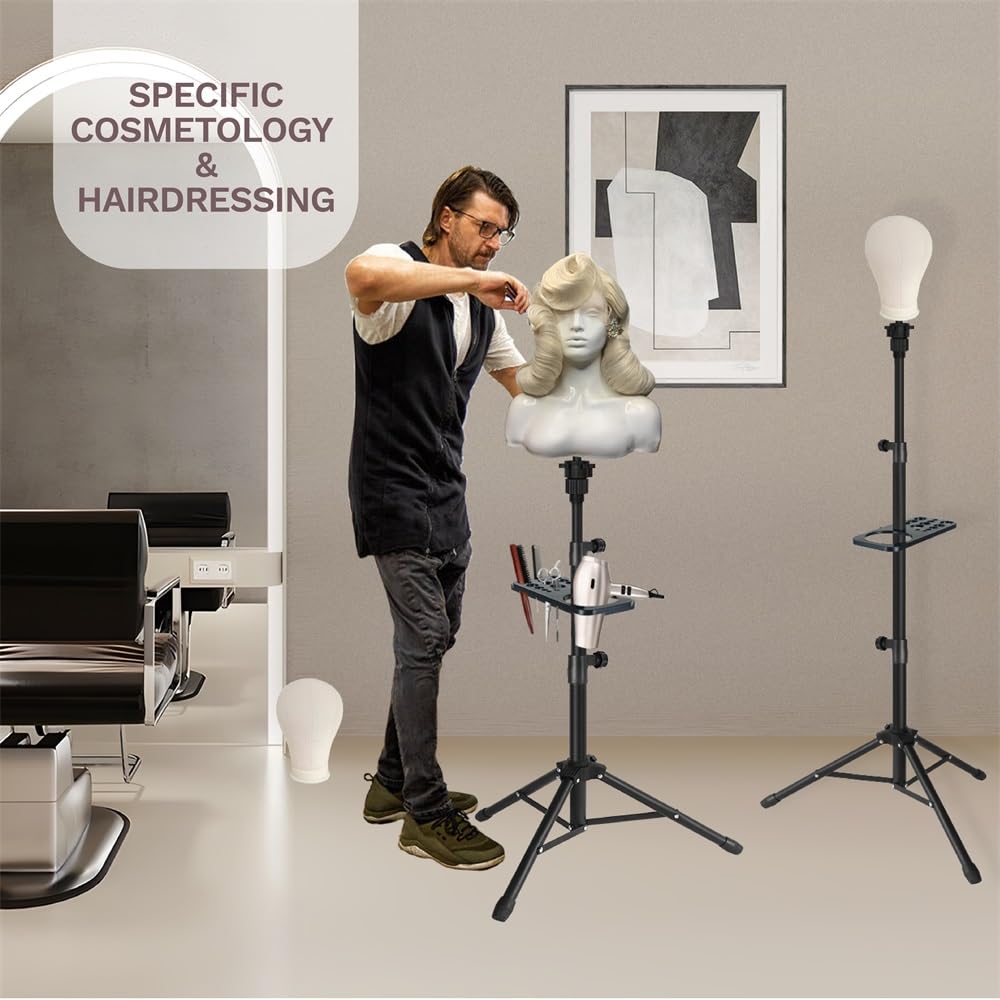 ZQIAN BEAUTY 50 Inch Metal Wig Stand, Adjustable Wig Head Stand, Mannequin Head Stand for Cosmetology Hairdressing, Wig Stand Tripod with Tool Tray (Black, Mannequin Head Not Included)