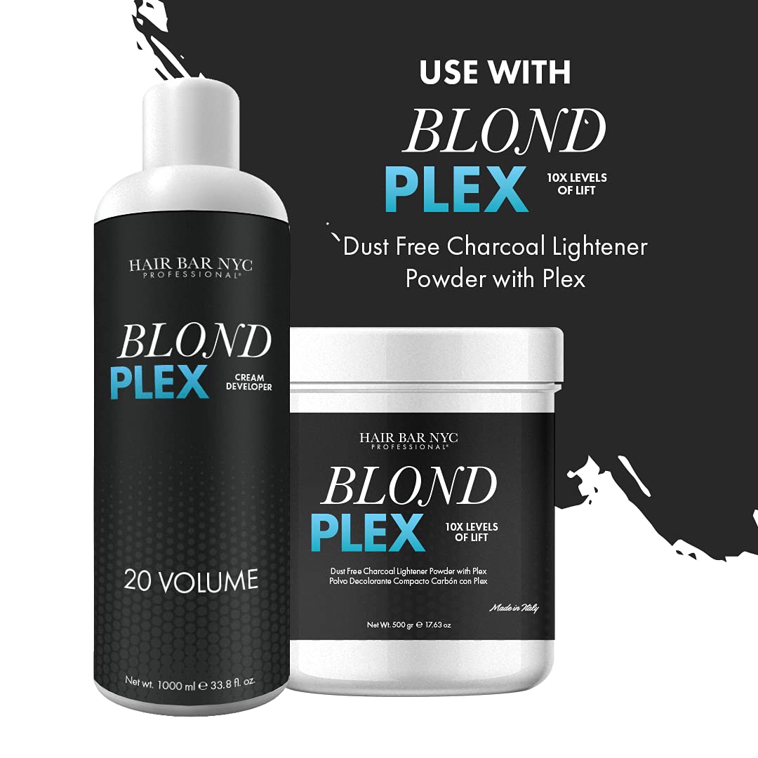 HAIR BAR NYC 20 Volume - Blond Plex Anti-Yellow Porfessional Lightening System for Charcoal Hair Bleach - Violet Developer with Plex, Reduce Brassy, Eliminates Orange Tones 33.8oz/1lt