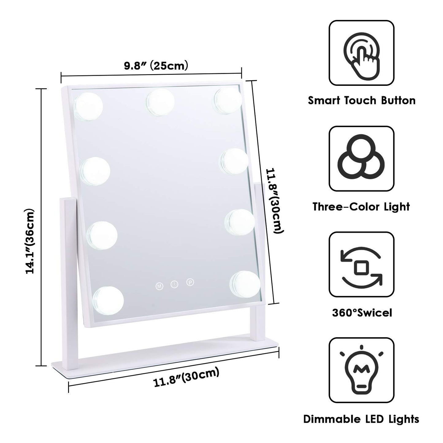 BWLLNI Lighted Makeup Mirror Hollywood Mirror Vanity Mirror with Lights, Touch Control Design 3 Colors Dimable LED Bulbs, Detachable 10X Magnification, 360°Rotation, (White) 12" L x 14" W