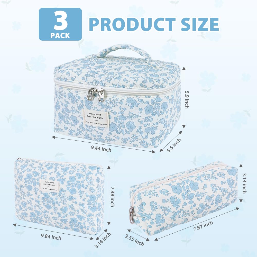 3Pcs Cotton Quilted Makeup Bag Set,Large Floral Cosmetic Bag,Aesthetic Toiletry Travel Makeup Bag Set and Cute Flower Bag for Women Girls (Blue White Flower)