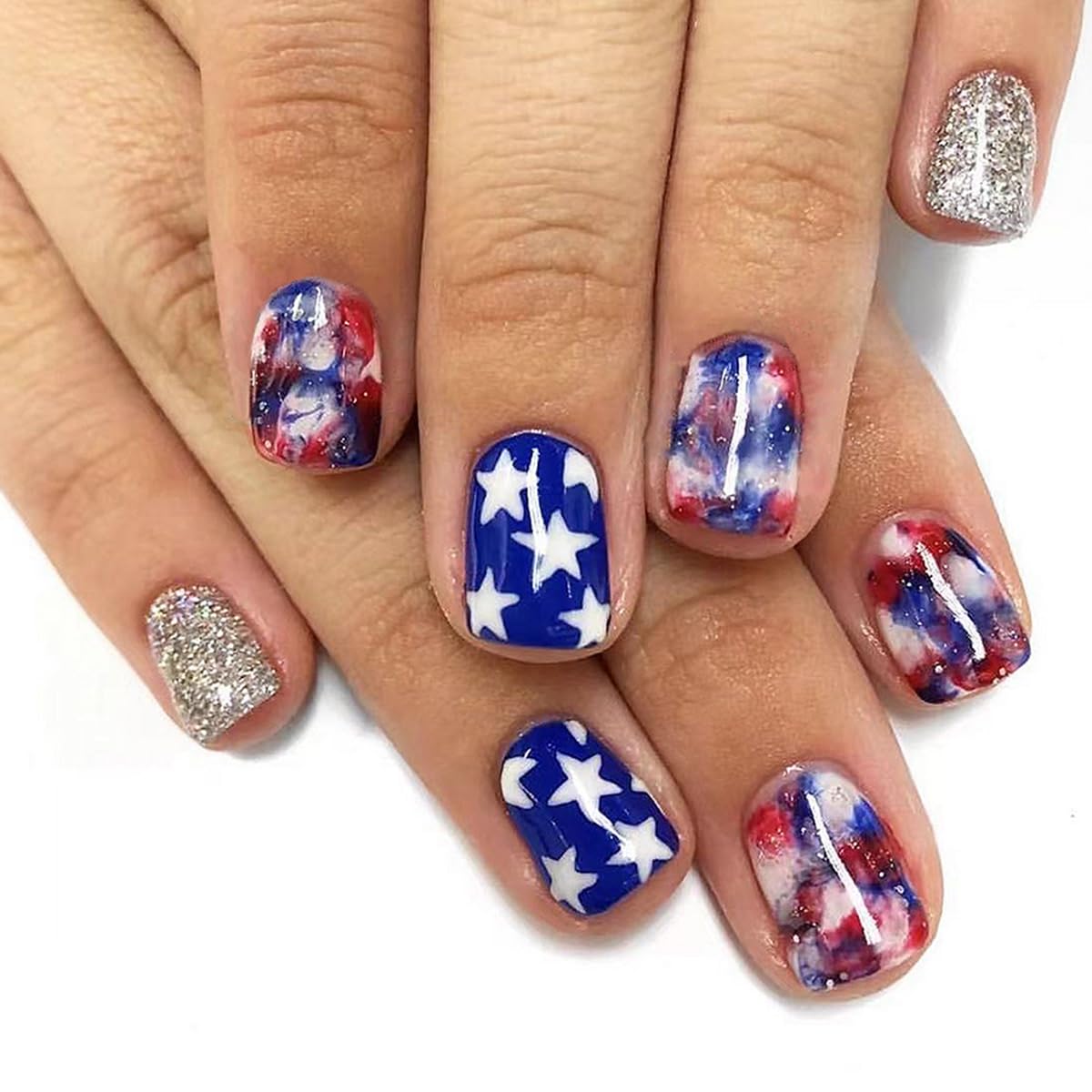 4th of July Press On Nails Extra Short Square,YEFIUO White Blue Smudge Fake Nails Press ons Nail Art Tip Acrylic Nail Kit Glue on Nails Full Cover False Nails with Silver Glitter Design for Ma'am