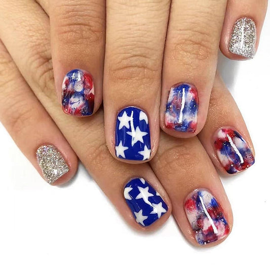 4th of July Press On Nails Extra Short Square,YEFIUO White Blue Smudge Fake Nails Press ons Nail Art Tip Acrylic Nail Kit Glue on Nails Full Cover False Nails with Silver Glitter Design for Ma'am