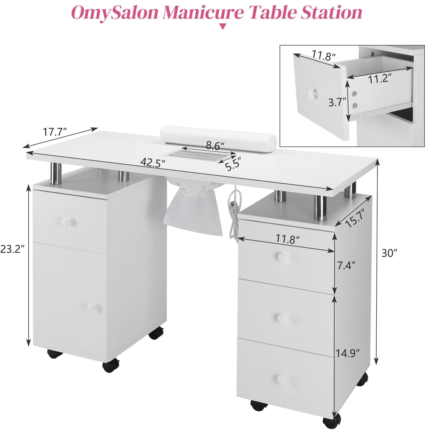 OmySalon Manicure Table Nail Desk for Nail Tech, Nail Table Beauty Salon Station w/Electric Dust Collector Acetone Resistant w/Lockable Wheel,Arm Rest