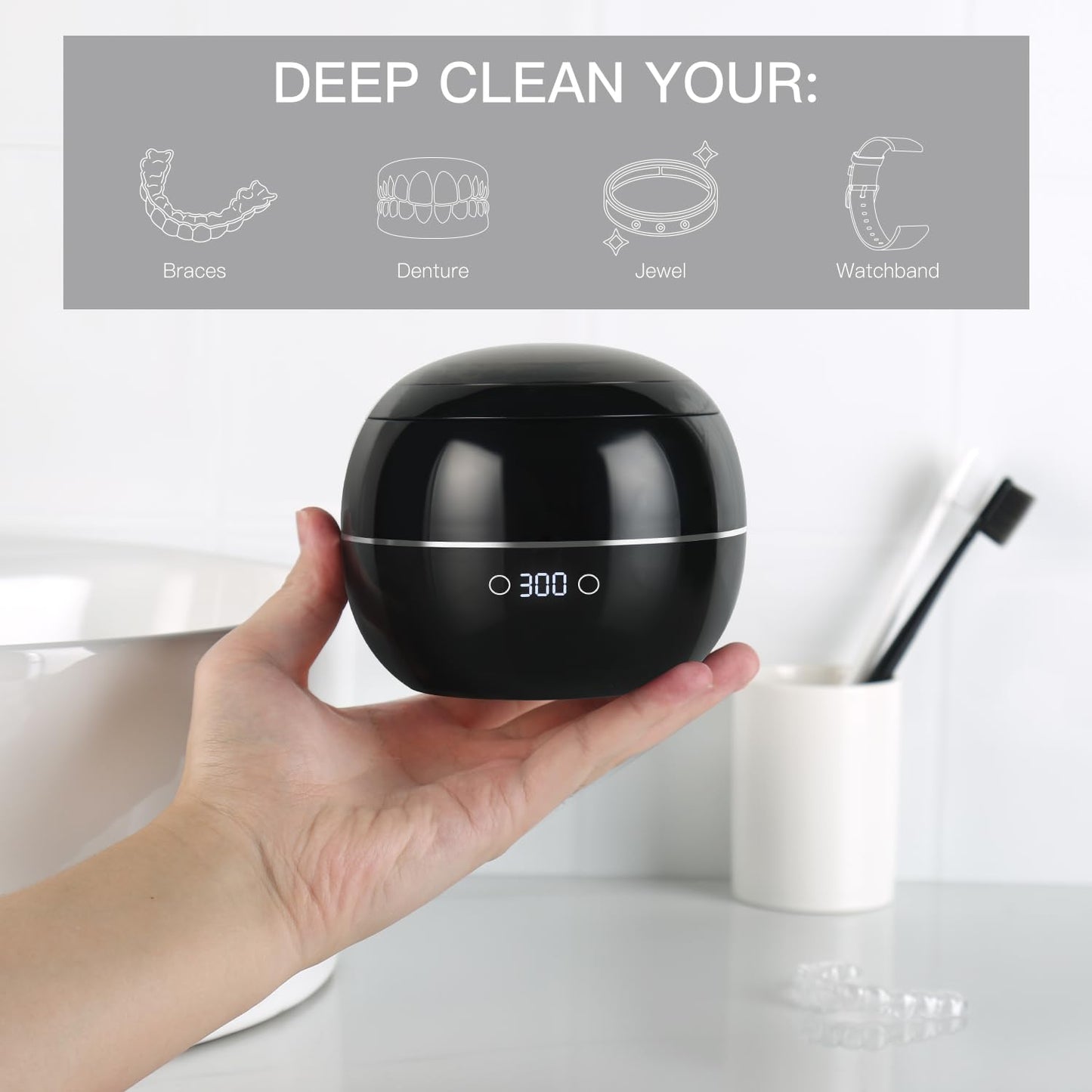 Ultrasonic Retainer Cleaner Machine Denture Cleaning Pod Portable Night Guard Cleaner for Mouth Guards, Jewelry Cleaner with Digital Timer, Dual Cleaning Mode