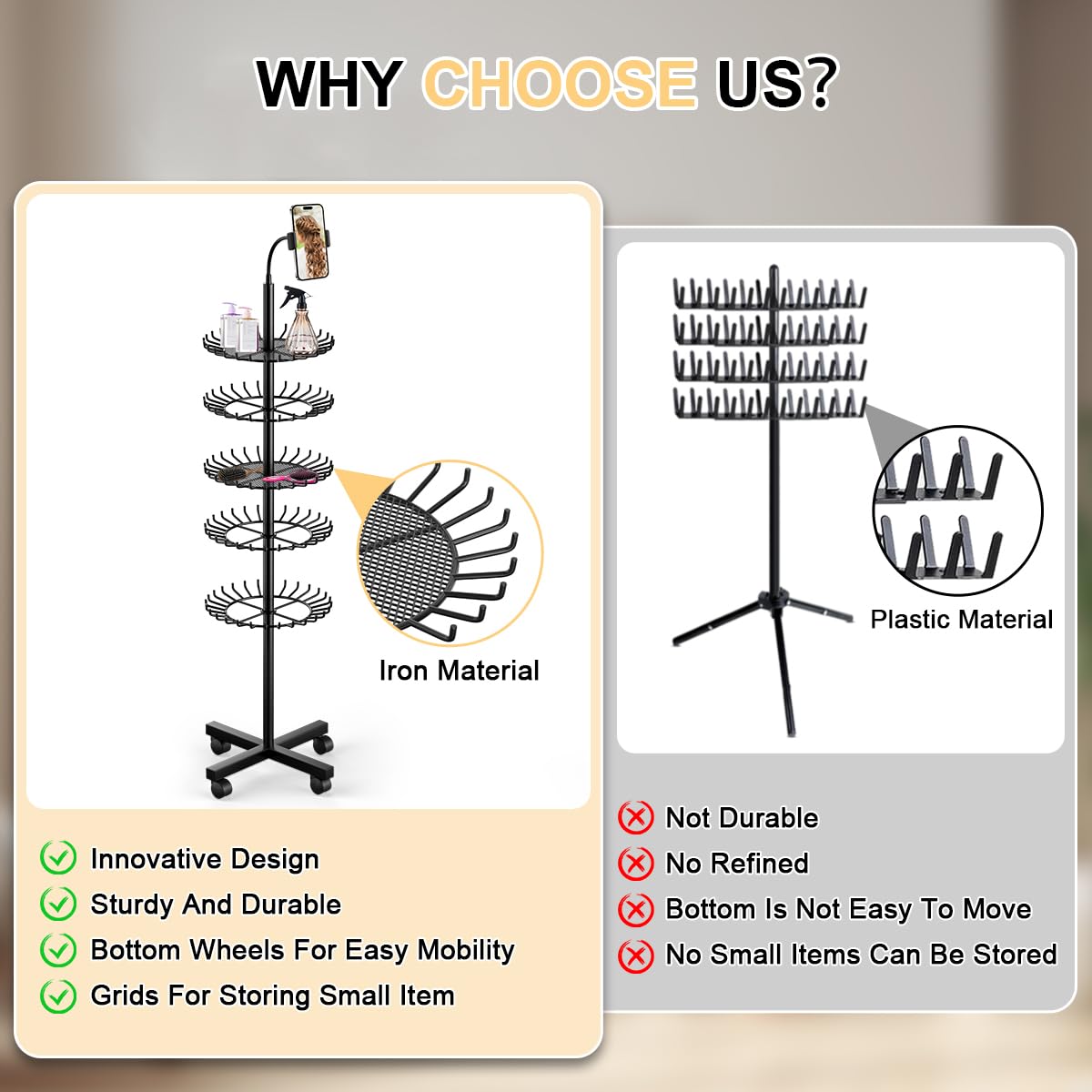 VIFOCUFY Braiding Hair Rack Standing Hair Extension Holder - 140 Pegs Braiding Hair Rack & Divider Stand with Phone Holder for Displaying and Separating Hair