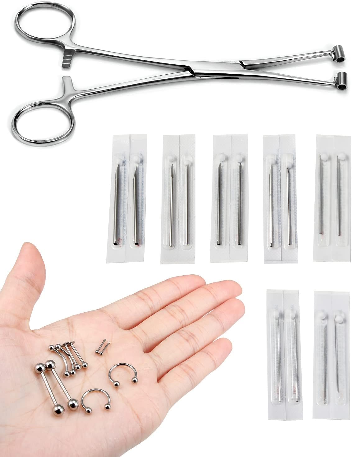 316L Surgical Steel Body Piercing Tools Kit - 9 Styles for Nose, Septum, Lip, Tongue & More