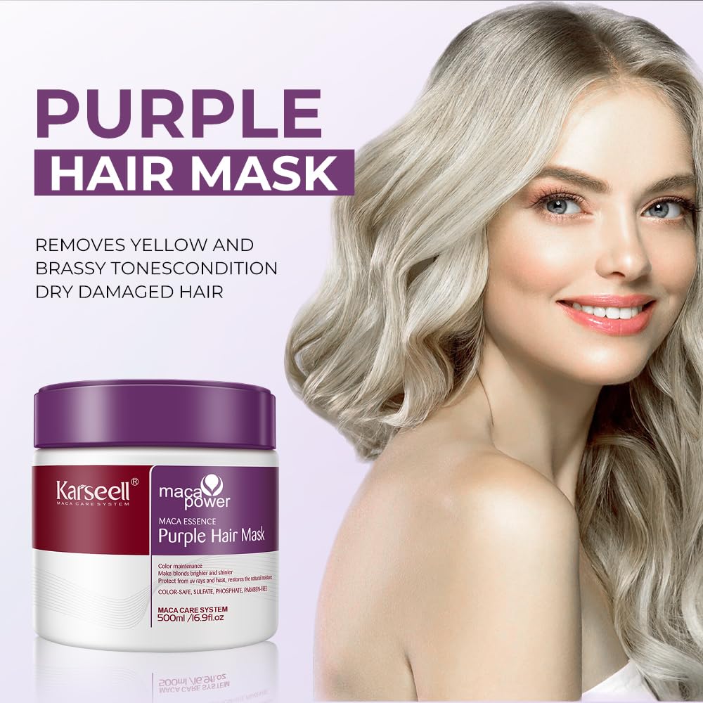 Karseell Purple Hair Mask For Blonde Silver Gray Highlighted Hair Professional Neutralizes Brass & Yellow Tones 16.90 oz 500ml