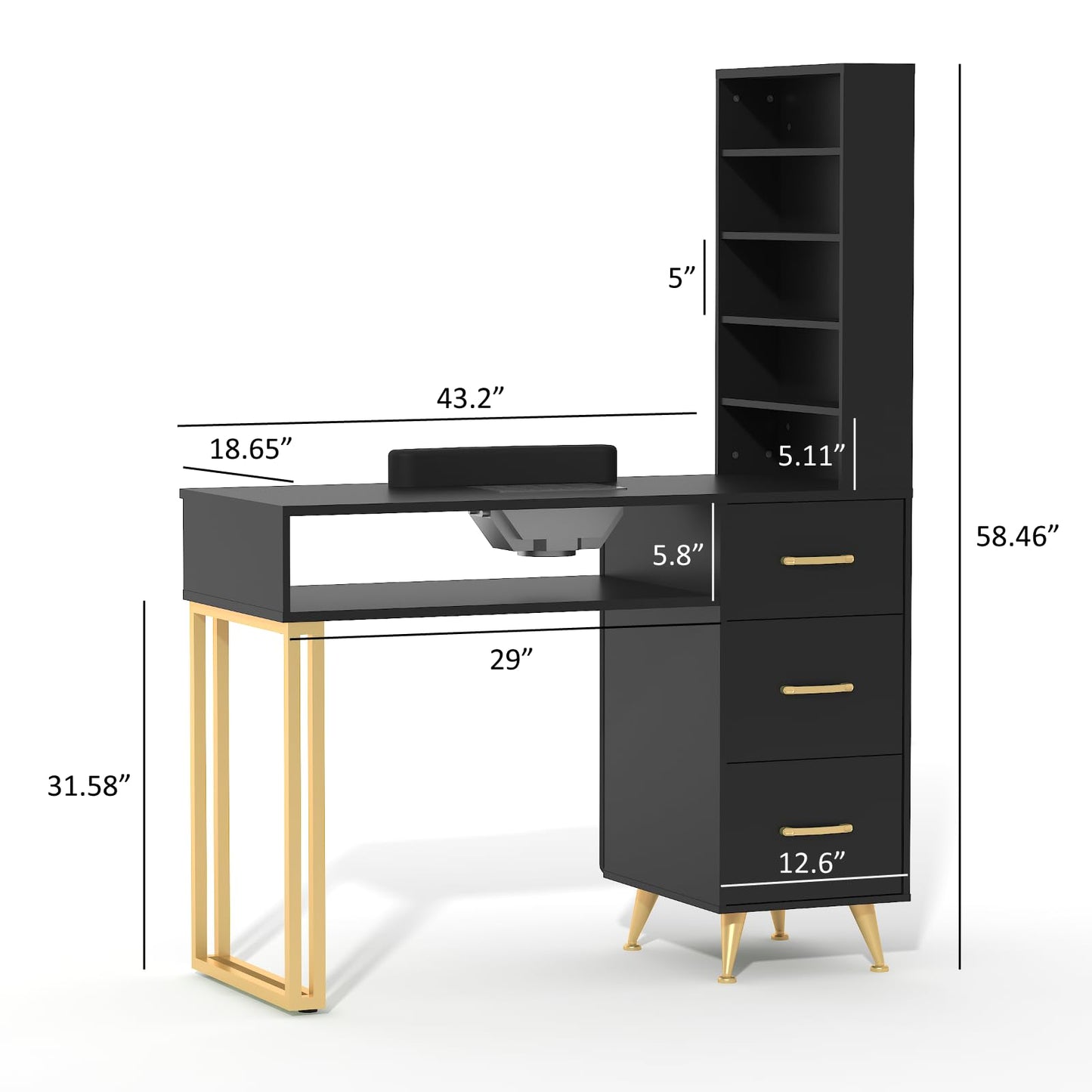 ELEVACHIC Manicure Table Nail Desk w/Electric Dust Collector, Versatile Manicure Station for Nail Tech, Includes Wrist Cushion, Storage Cabinet & Drawers, Shelves, for Salon & Home, Black and Gold