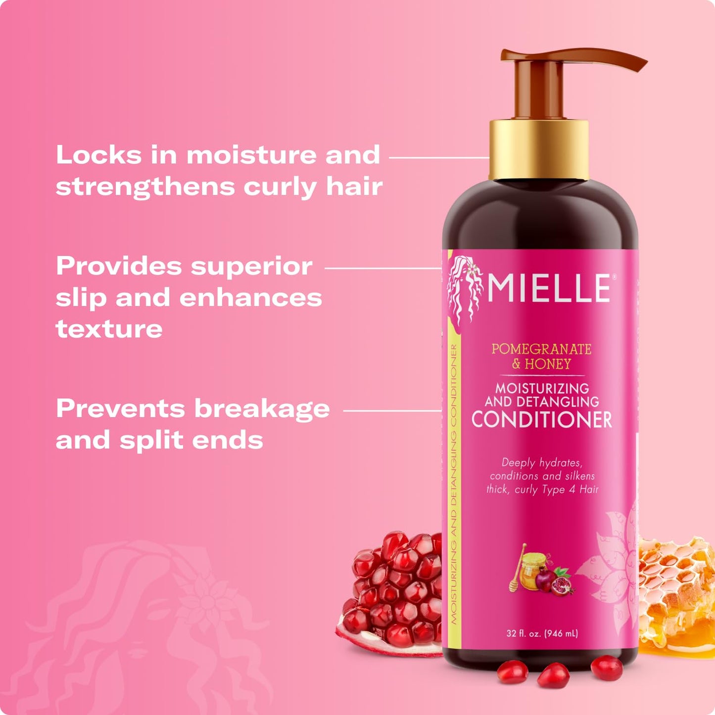 Mielle Organics Pomegranate & Honey Detangling Conditioner for Curly Hair - Deep Moisturizing Conditioner to Help Strengthen Strands, Prevents Breakage and Split Ends & Improves Hydration (12 Fl Oz)
