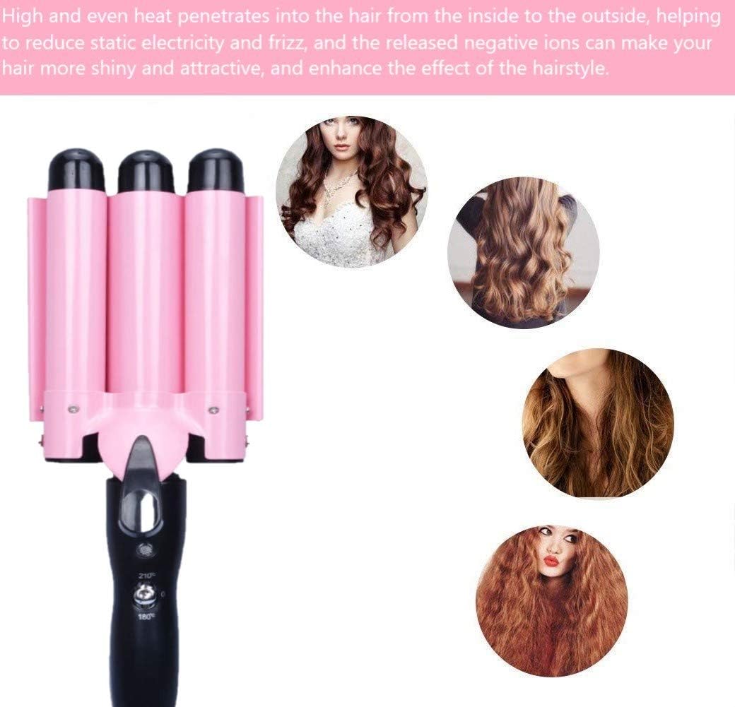 26mm 3-Barrel Curling Iron Wand - Adjustable Temperature Ceramic Hair Waver (Pink)