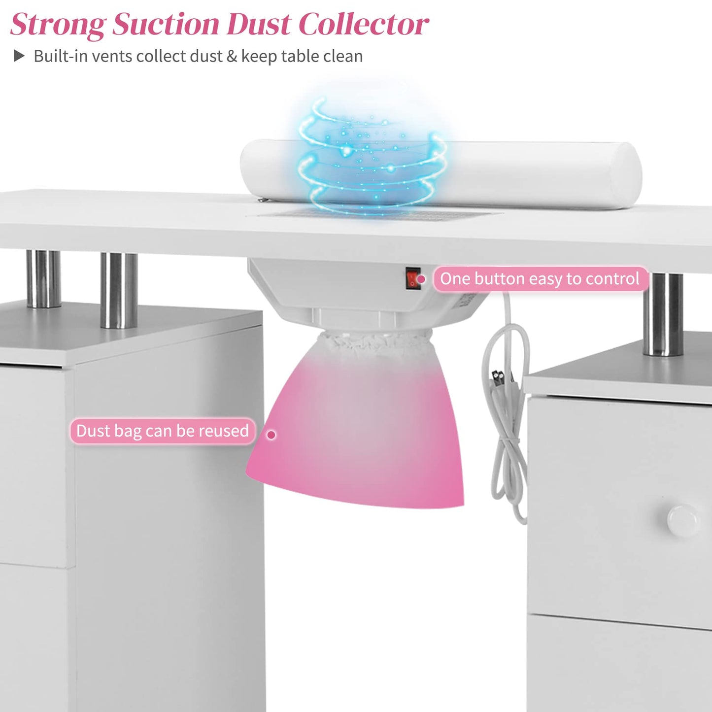 OmySalon Manicure Table Nail Desk for Nail Tech, Nail Table Beauty Salon Station w/Electric Dust Collector Acetone Resistant w/Lockable Wheel,Arm Rest