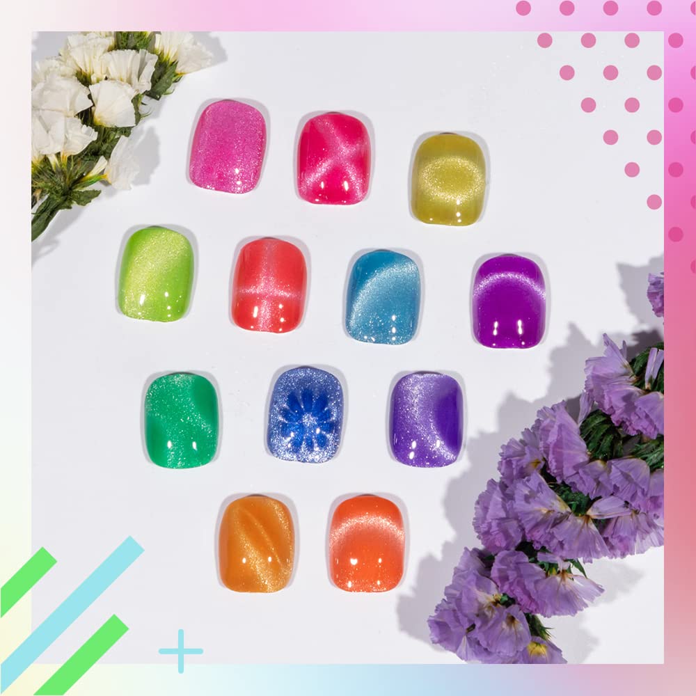12-Pc MIZHSE Neon Cat Eye Gel Nail Polish Set - Magnetic Soak Off Manicure Kit, Blue Green Purple