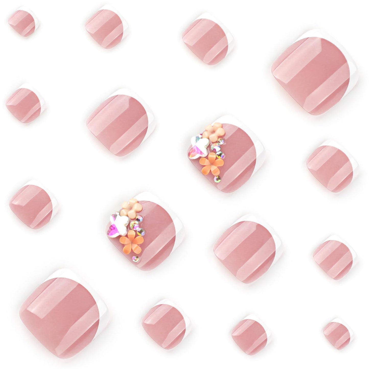 French Tip Press on Toenails Short Square Fake Toenails with 3D Flower Charms Rhinestone Nude Pink Acrylic Toe Nail Tips Summer Toe Press on Nails Seamless Fit Toe Nails Glue on Nails for Women 24PCS
