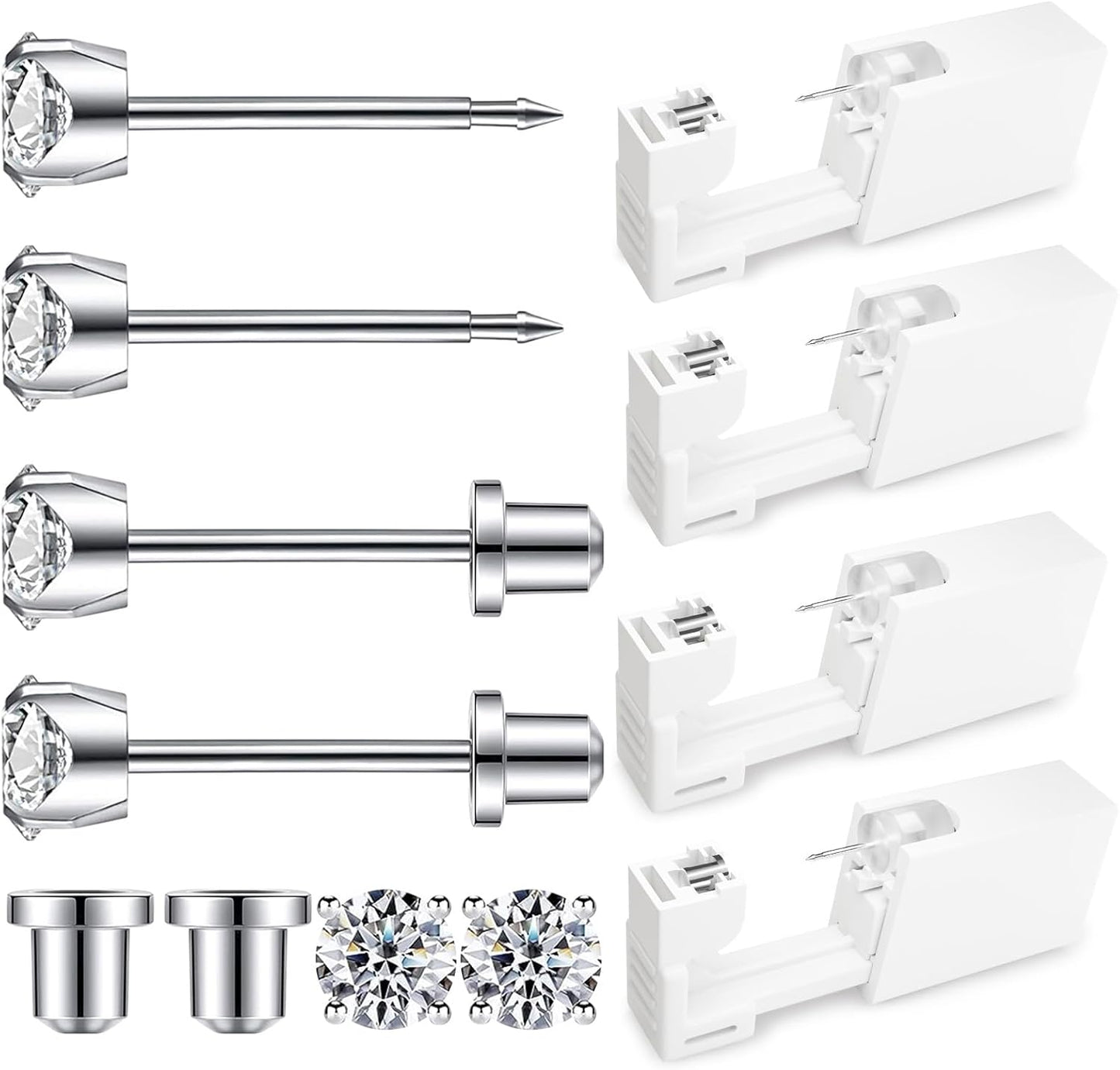 At-Home Ear Piercing Kit - Disposable Gun with 316L Surgical Steel & 4mm CZ Earrings | 4 Pack