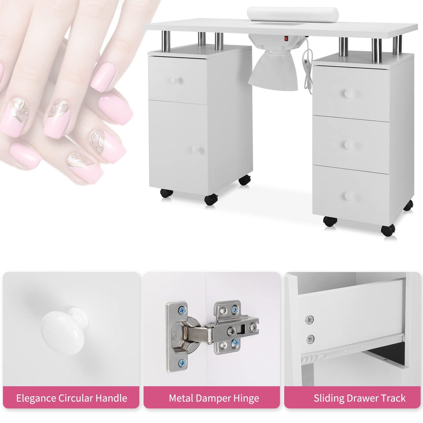 OmySalon Manicure Table Nail Desk for Nail Tech, Nail Table Beauty Salon Station w/Electric Dust Collector Acetone Resistant w/Lockable Wheel,Arm Rest
