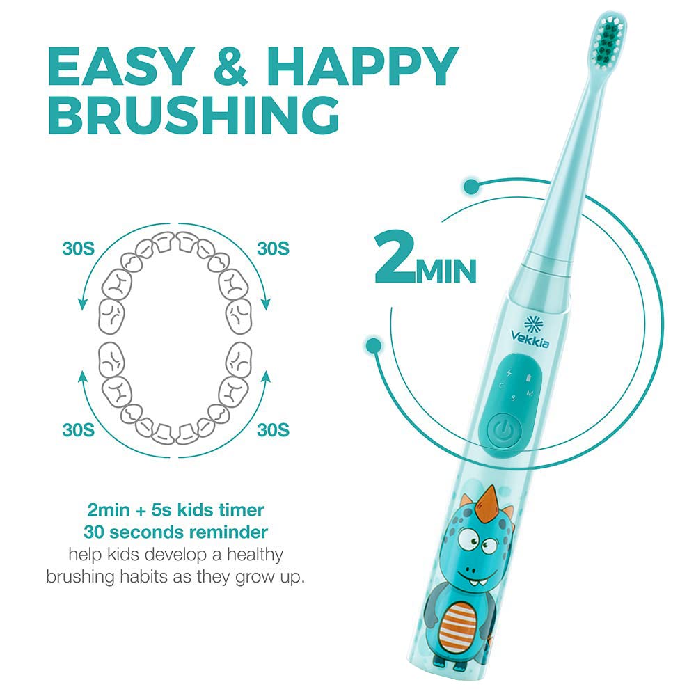 Vekkia Sonic Rechargeable Kids Electric Toothbrush, 3 Modes with Memory, Fun & Easy Cleaning, 24000 Strokes, IPX7 Waterproof, 2-Min Timer for Age 5+, 4 Soft Bristles(Blue)