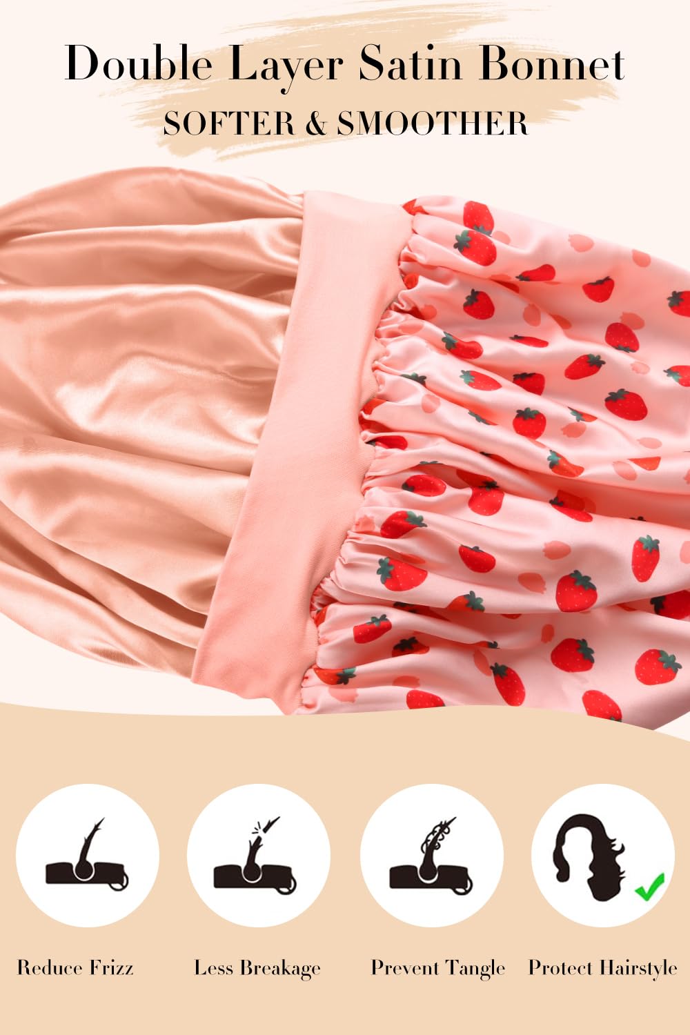 Vettres Hair Bonnet for Sleeping Satin Bonnets Silk Sleep Bonnet Double Layer Satin Bonnet with Tie Strawberries
