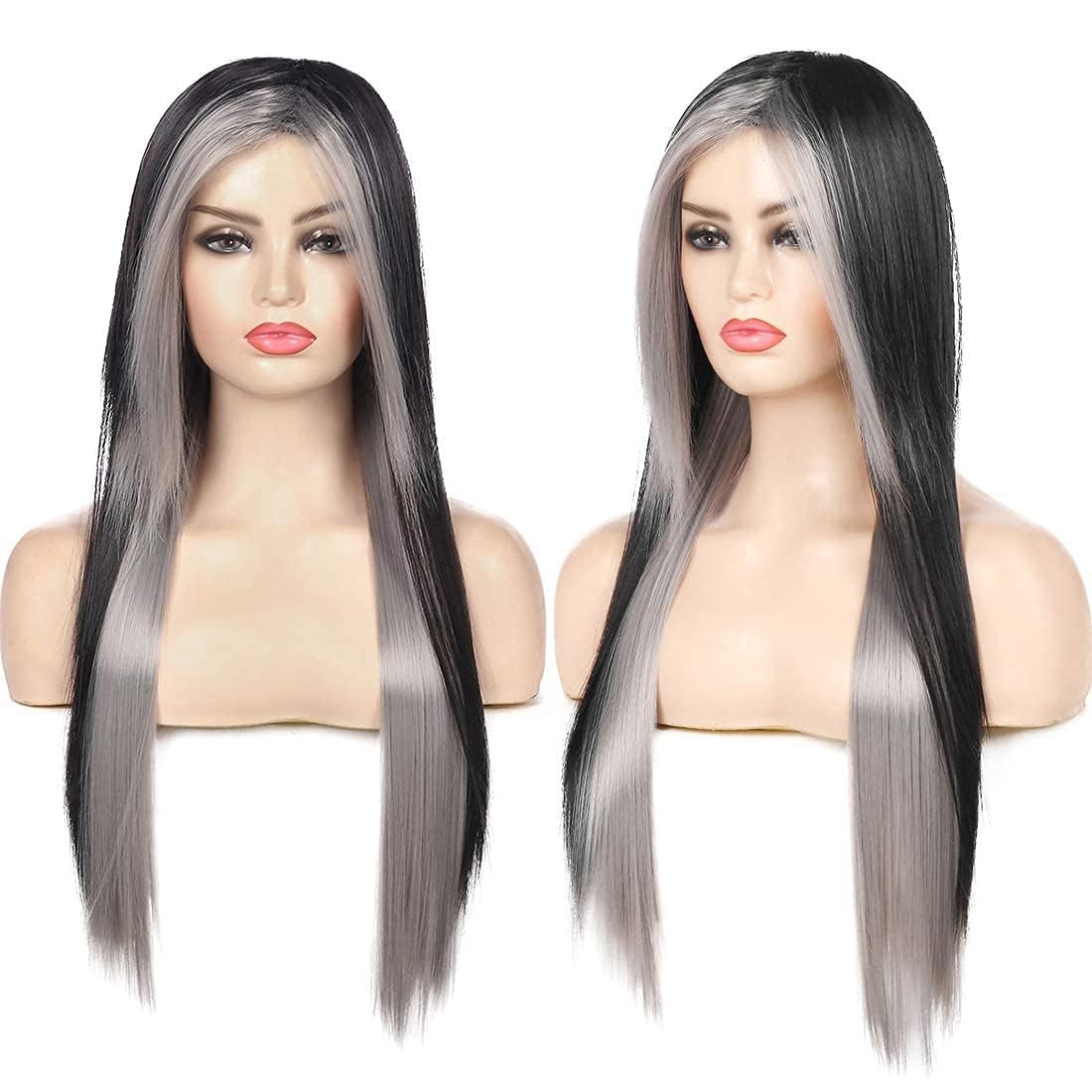 Silky Straight Long Red Black Wig with Side Bangs - Heat Resistant Synthetic Hair for Halloween