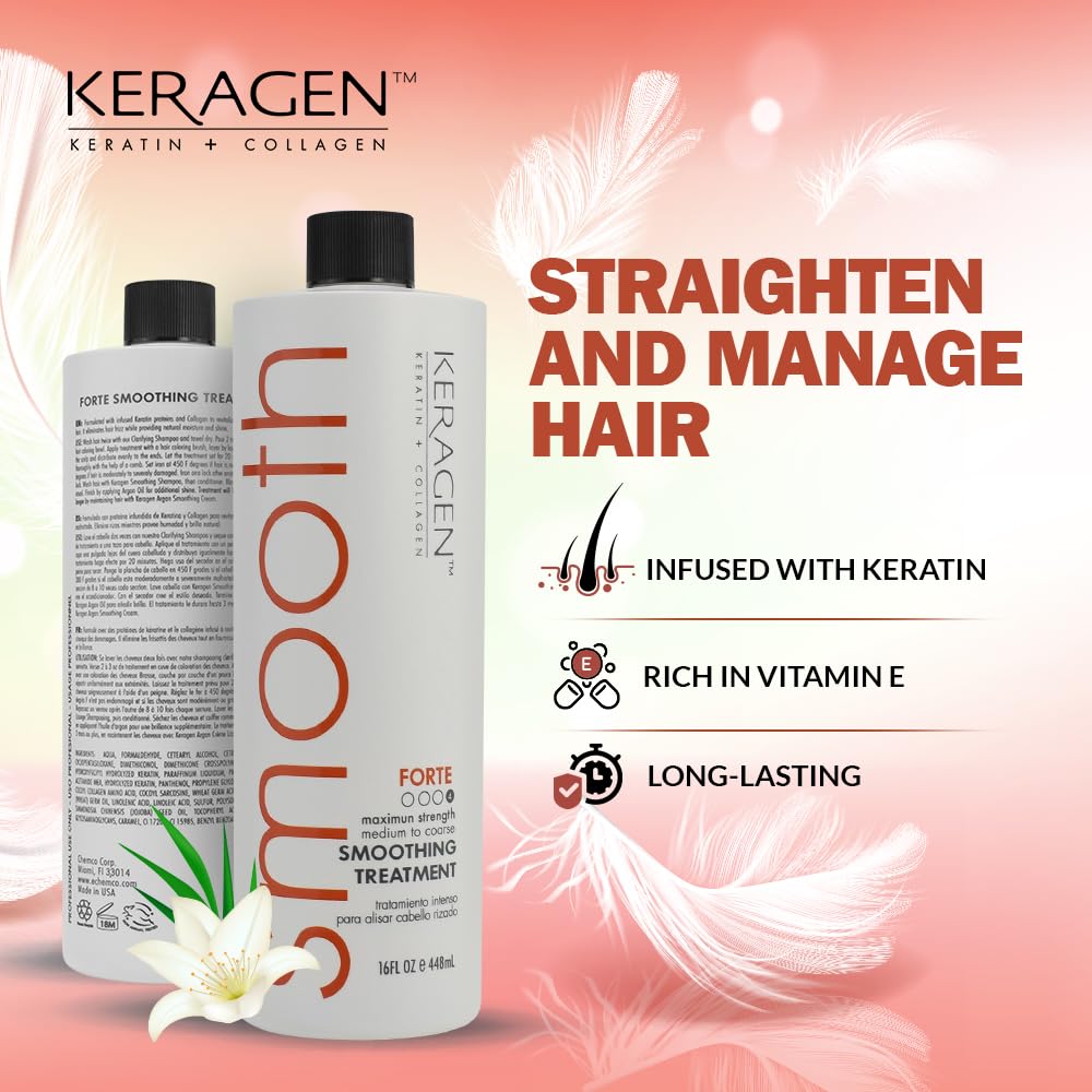 KERAGEN - Brazilian Smoothing Keratin Hair Treatment, Blowout Straightening System for Dry and Damaged Hair - Forte, Sulfate Free - Eliminates Curls and Frizz, Medium to Coarse Hair (16 Oz)