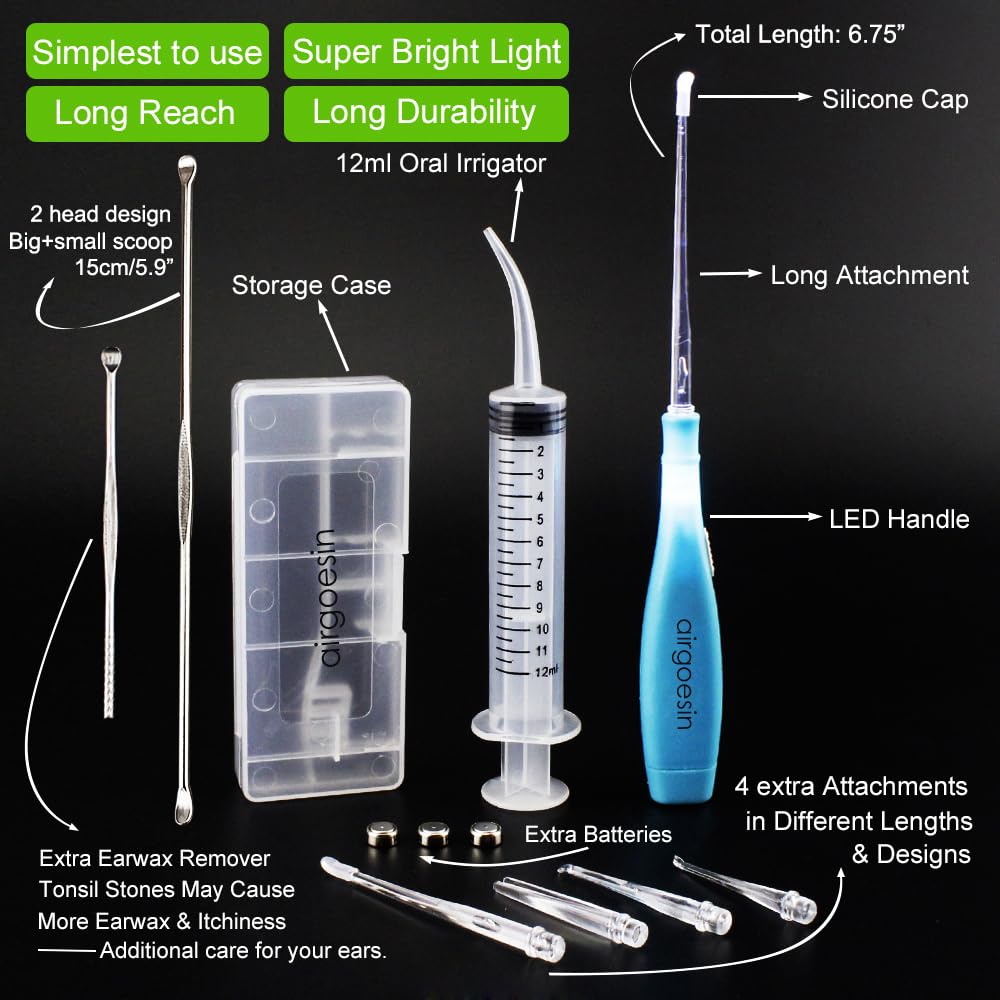 Airgoesin™ Upgraded Tonsil Stone Remover Tool, Blue, 5 Tips, Tonsillolith Pick Case + 1 Irrigator Fresh Breath Oral Rinse