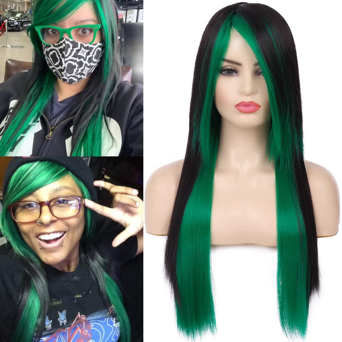Silky Straight Long Red Black Wig with Side Bangs - Heat Resistant Synthetic Hair for Halloween