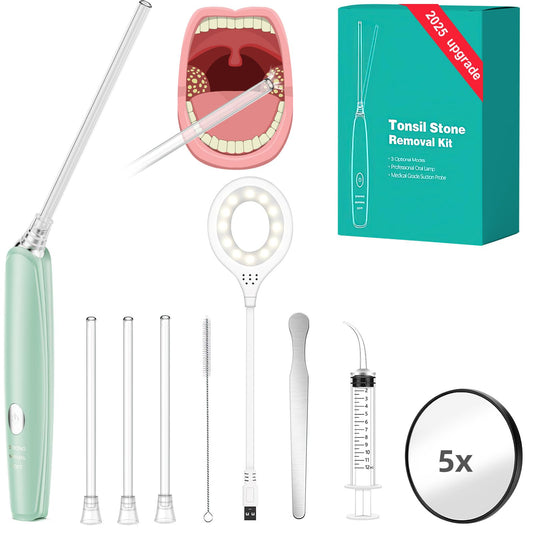 Tonsil Stone Vacuum, Tonsil Stone Remover Kit, 3X Safe Suction, 150 Degree Rotate Electronic Tonsil Stone Remover,12 in 1 Tonsil Cleaner, Oral Lamp, 5X Magnifying Mirror, Water Flosser & Syringe