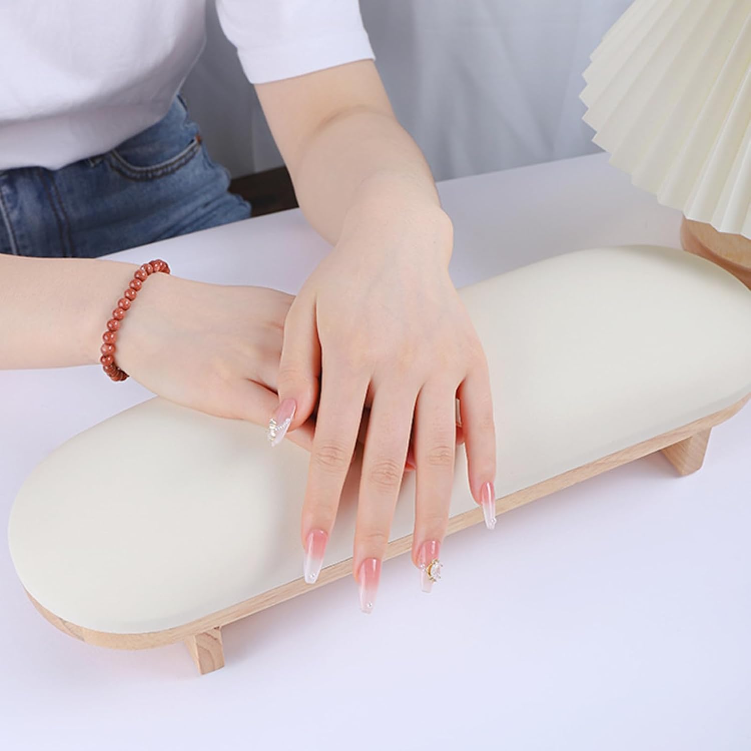 Manicure Hand Rest Pillow - TANG SONG Wooden Nail Stand Cushion for Nail Tables (Cream Yellow)