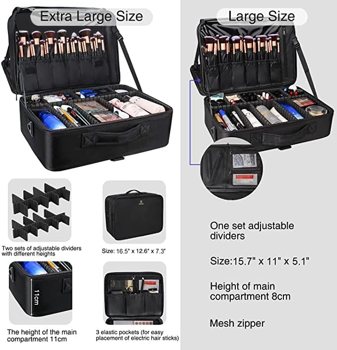 Relavel Portable Travel Makeup Case Organizer with Adjustable Dividers - Black Cosmetic Storage for Brushes, Toiletries & Jewelry