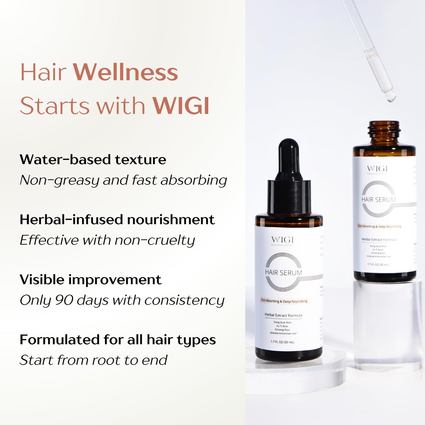 WIGI Hair Serum - Fast Absorbing, Water Based, Herbal Infused, Lightweight & Non Greasy Formula for Thicker, Fuller Hair - Scalp & Hair Scalp Serum for Frizzy, Damaged Hair