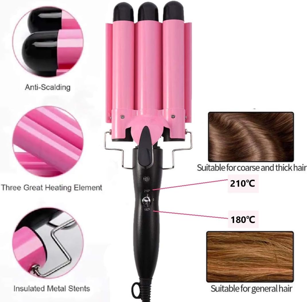 26mm 3-Barrel Curling Iron Wand - Adjustable Temperature Ceramic Hair Waver (Pink)