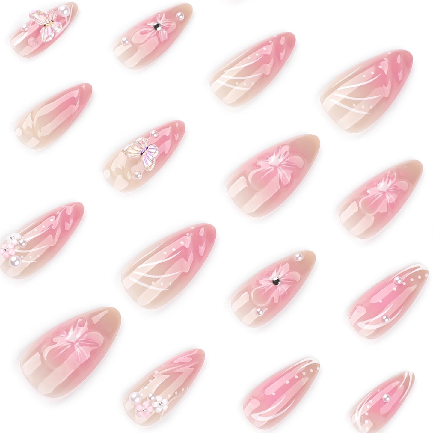 Flower Almond Press On Nails Medium Fake Nails For Spring With 3D Floral Rhinestones Design False Nail Press Ons Flossy Pink Stick On Nails Spring Summer Glue On Nails For Women Nail Supplies