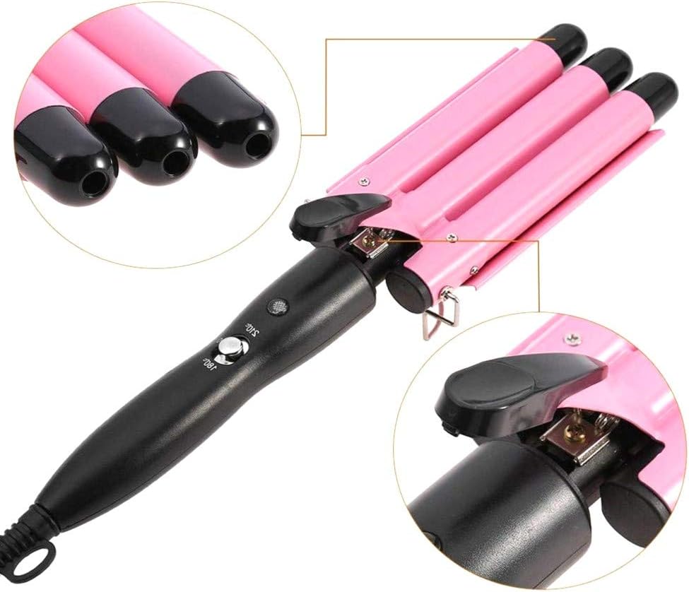 26mm 3-Barrel Curling Iron Wand - Adjustable Temperature Ceramic Hair Waver (Pink)