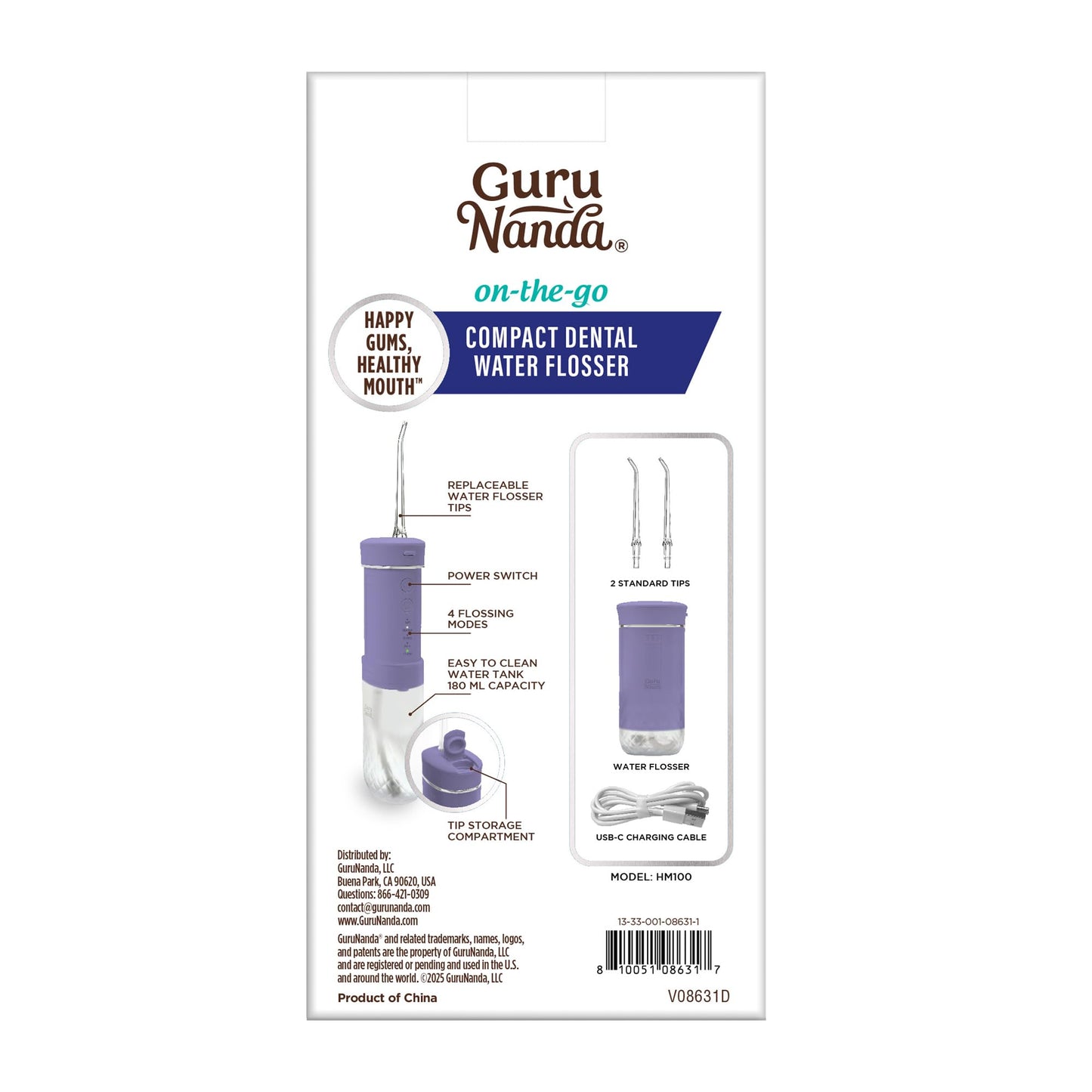 GuruNanda Compact Water Dental Flosser, Portable Travel Size Oral Irrigator Flosser with Collapsible 180 ml Tank, Smart Timer, 4 Flossing Modes, TSA-Approved - Lavender