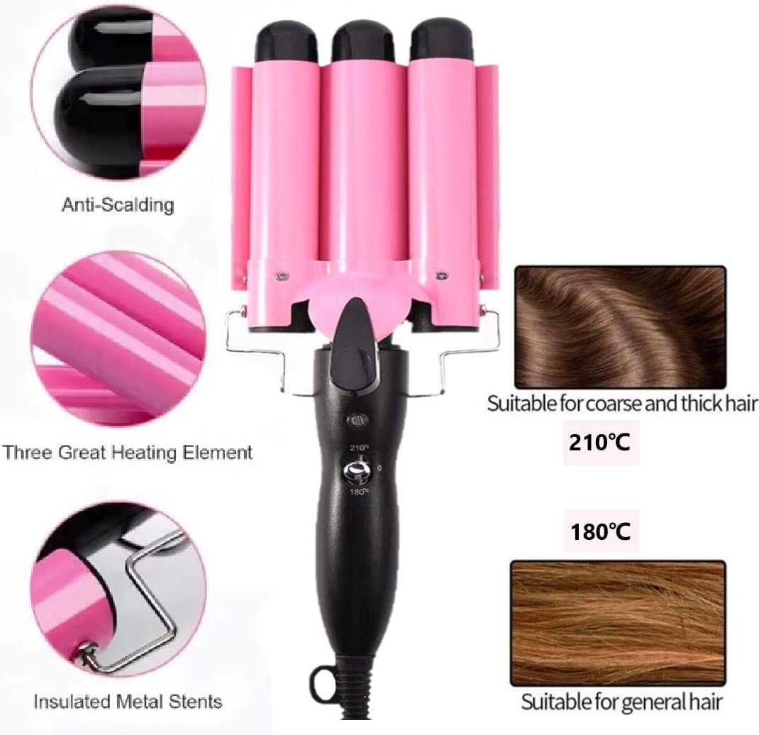 26mm 3-Barrel Curling Iron Wand - Adjustable Temperature Ceramic Hair Waver (Pink)