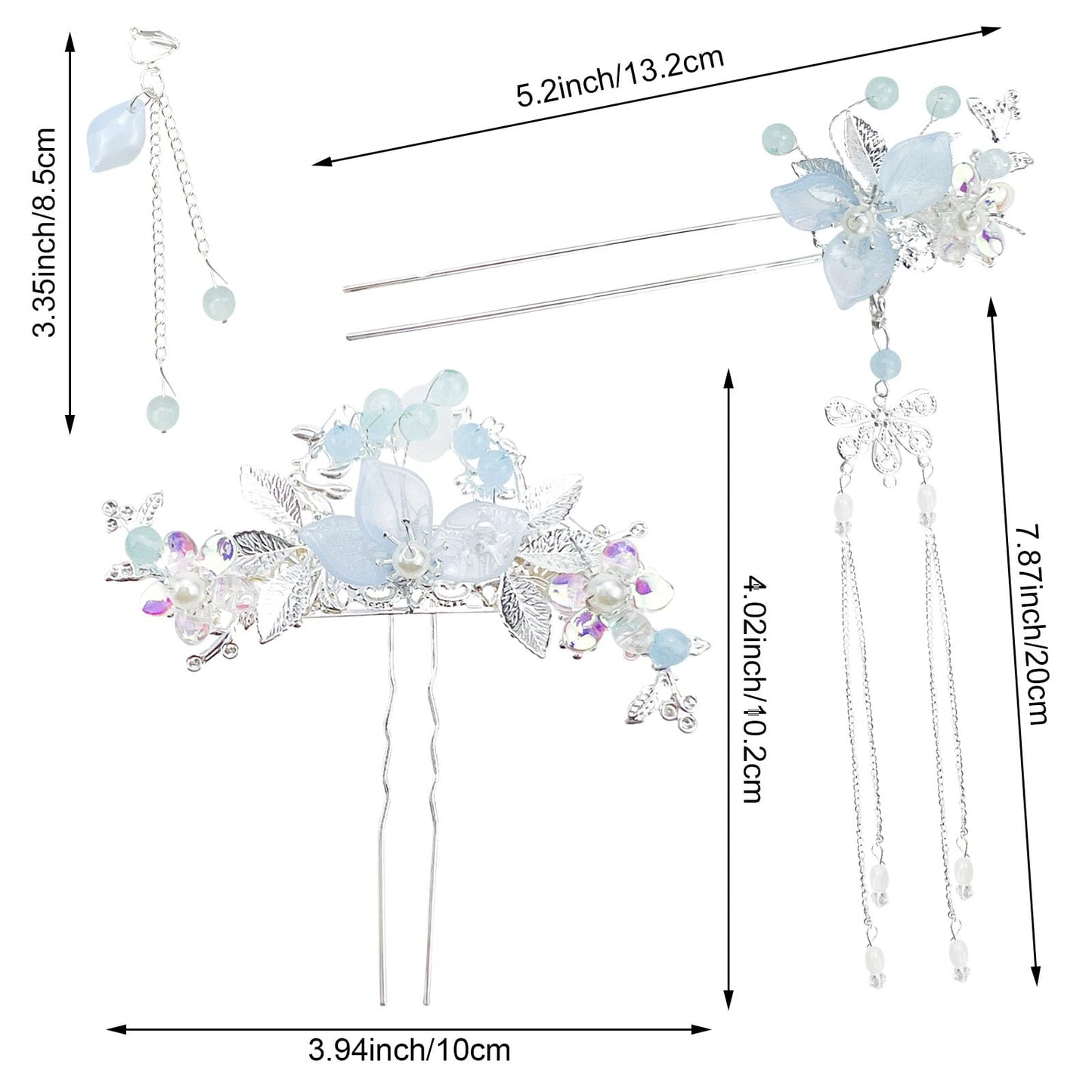 5PCS Flower Pearl Tassels Hairpin, Rhinestone Hair Clips Headpiece Vintage Chinese Hanfu Wedding Brides Hair Accessories for Women Girls Updo Long Hair