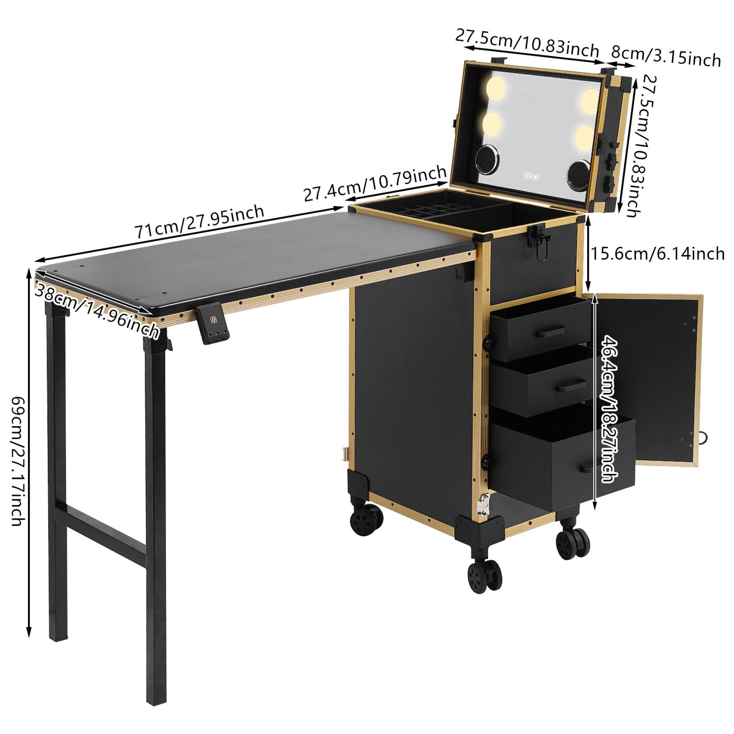 Foldable Rolling Manicure Table with Mirror and Lights, Portable Nail Desk with 3 Drawers, Bluetooth Speaker, Lock & Wheels, Travel Vanity Station for Makeup Artists & Beauty Lovers (Gold/Black)