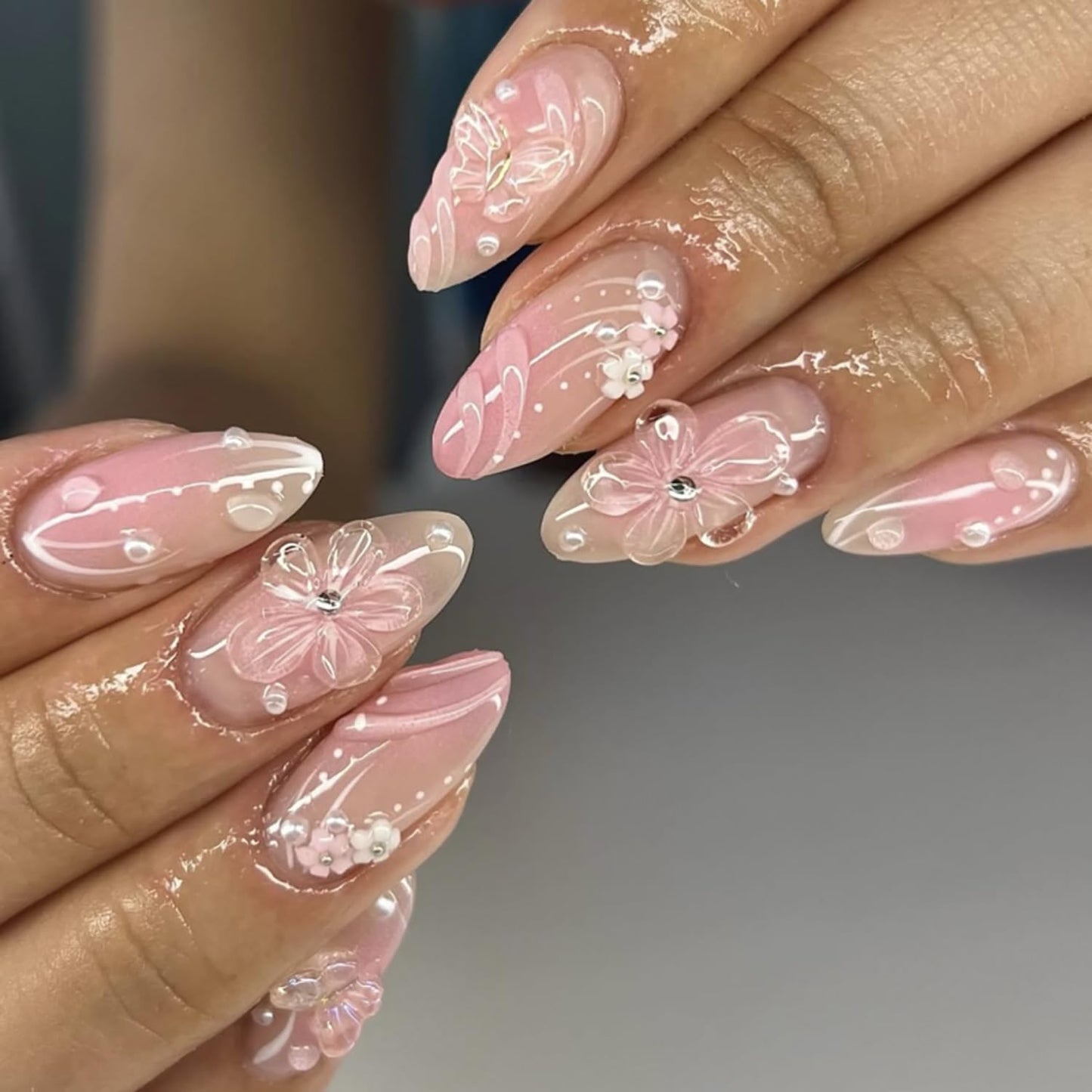 Flower Almond Press On Nails Medium Fake Nails For Spring With 3D Floral Rhinestones Design False Nail Press Ons Flossy Pink Stick On Nails Spring Summer Glue On Nails For Women Nail Supplies