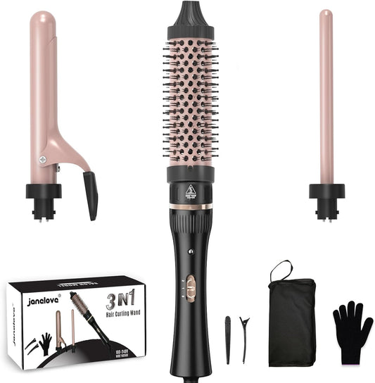 3-in-1 Curling Iron Set with Thermal Brush & Interchangeable Wands - Heat Protective Glove Included
