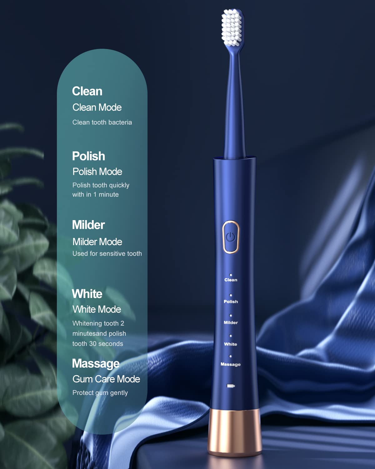 AJELU IPX7 Waterproof Sonicare Electric Toothbrush, 2-Hour Fast Charge with Intelligent Time Reminder, 5 Modes, 8 Brush Heads, Travel, Indoor, Outdoor, Blue